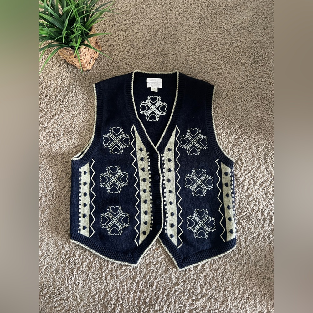 Vintage Christopher & Banks Sweater Vest Navy Blue Hearts Embroidery Size M - EU